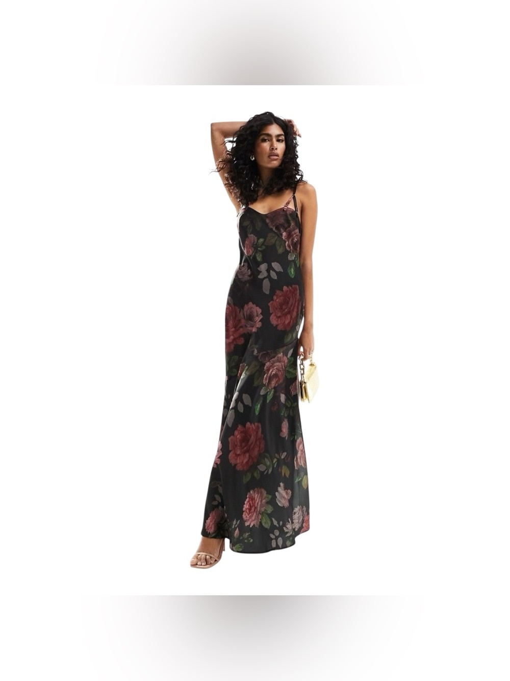 ASOS Design Satin Buckle Strap Maxi Dress Sz 4 Black Red Rose Gown Evening NEW
